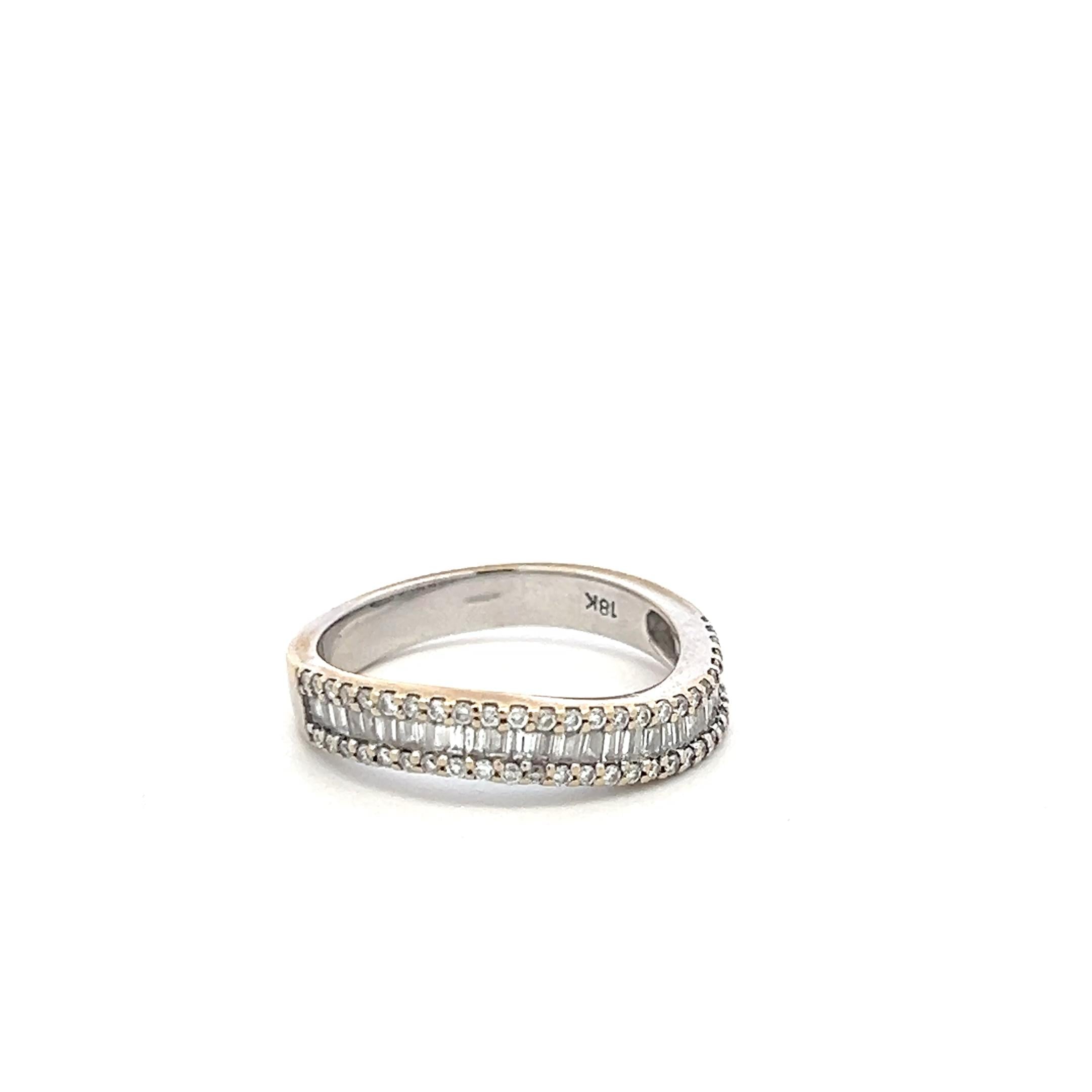 18K White Gold Band Ring with 0.55ct Tapered Baguette & Round Diamonds Size 7