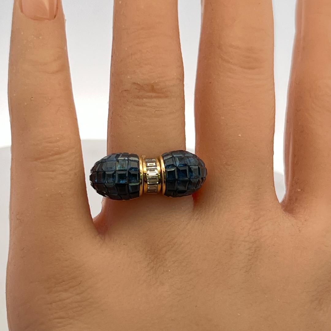 18K Yellow Gold Band Ring with 0.24ct Baguette Diamonds & 4ct Sapphire Size 7