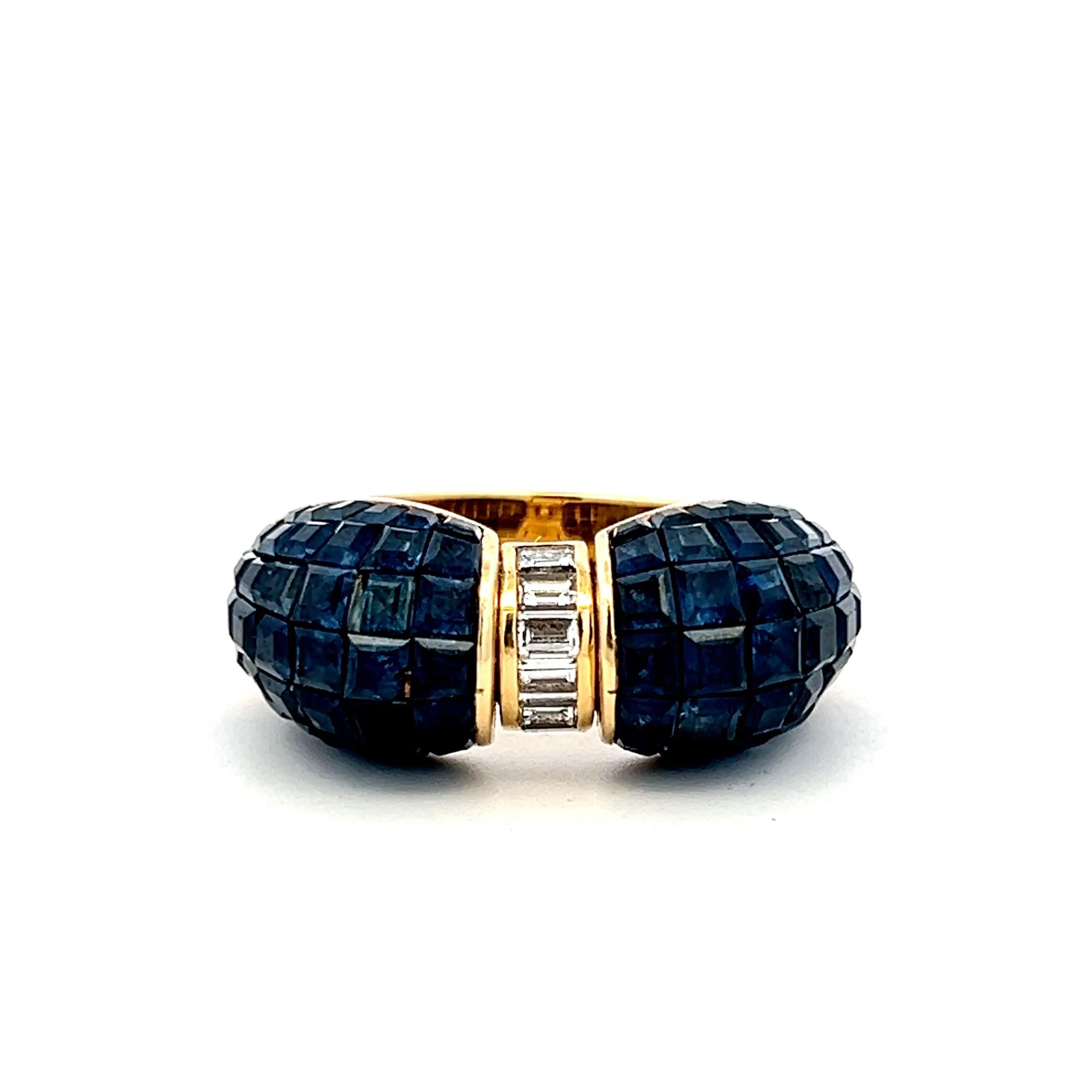 18K Yellow Gold Band Ring with 0.24ct Baguette Diamonds & 4ct Sapphire Size 7