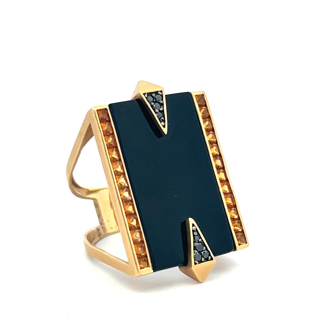 Estate 18K Yellow Gold Bold Cocktail Ring with 1.1 Carat Citrine and Onyx Size 7