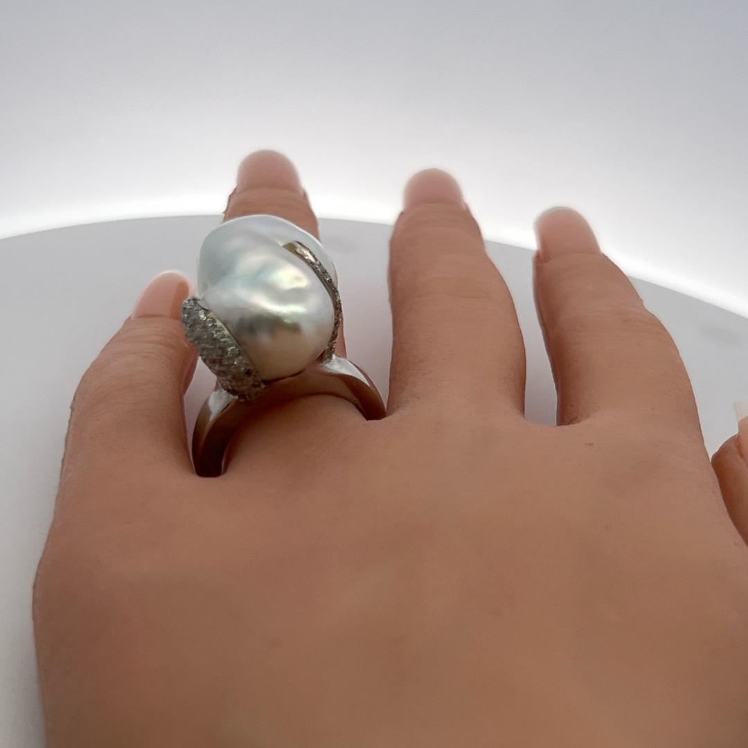 18K White Gold Cocktail Ring with 1.12ct Round I SI Diamonds and Pearl Size 8