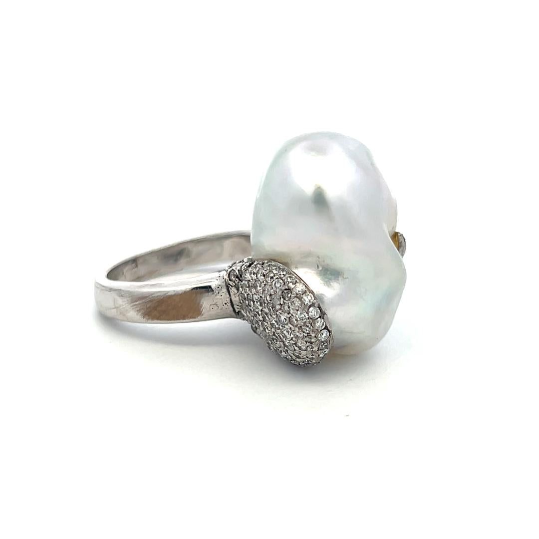 18K White Gold Cocktail Ring with 1.12ct Round I SI Diamonds and Pearl Size 8