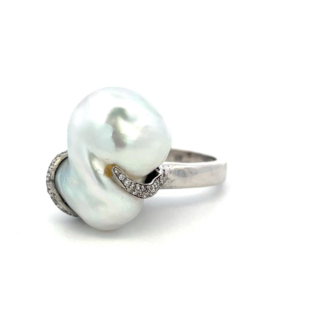18K White Gold Cocktail Ring with 1.12ct Round I SI Diamonds and Pearl Size 8