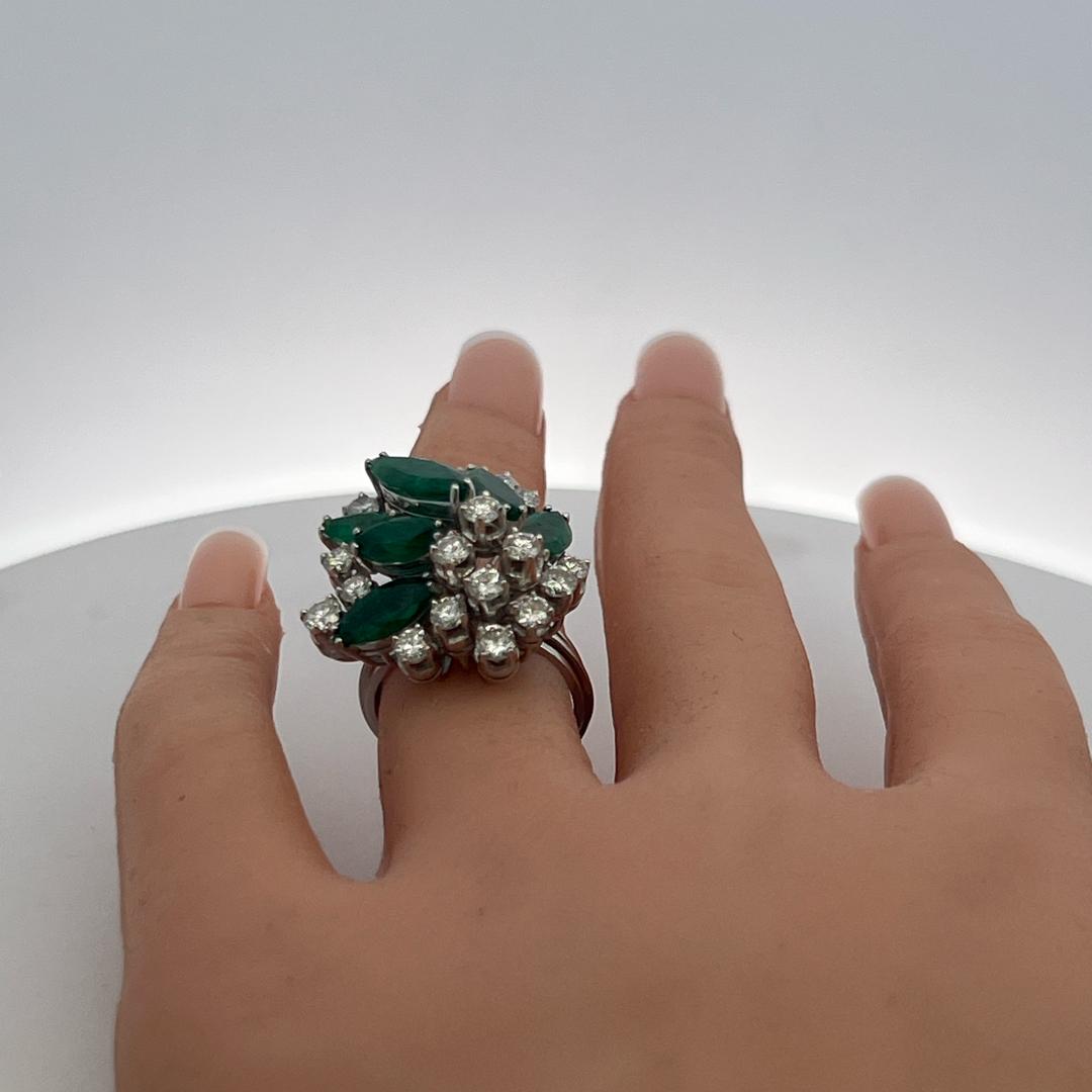 Platinum Cocktail Ring with 1.9ct Round H VS Diamonds and 7ct Emerald Size 4.5