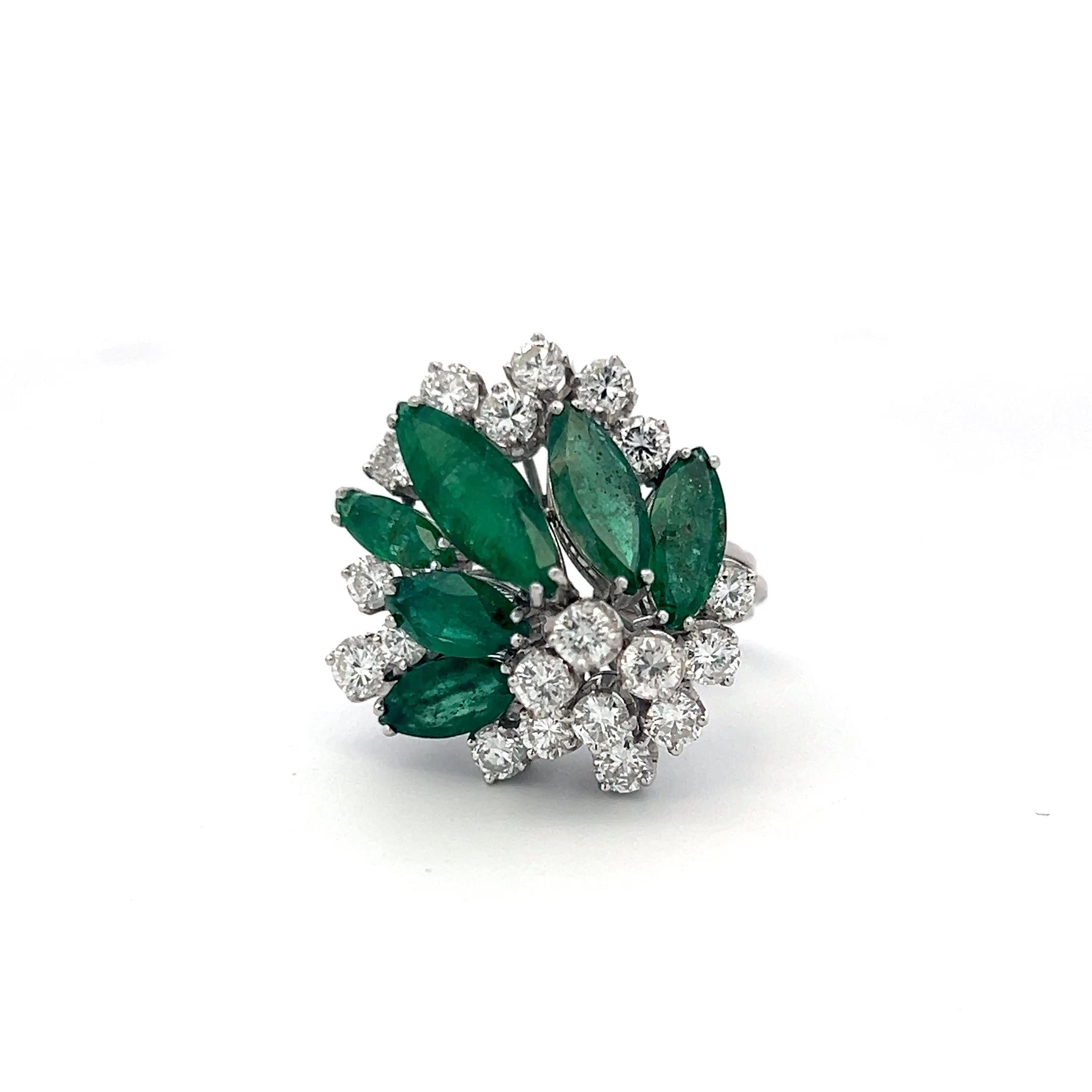 Platinum Cocktail Ring with 1.9ct Round H VS Diamonds and 7ct Emerald Size 4.5
