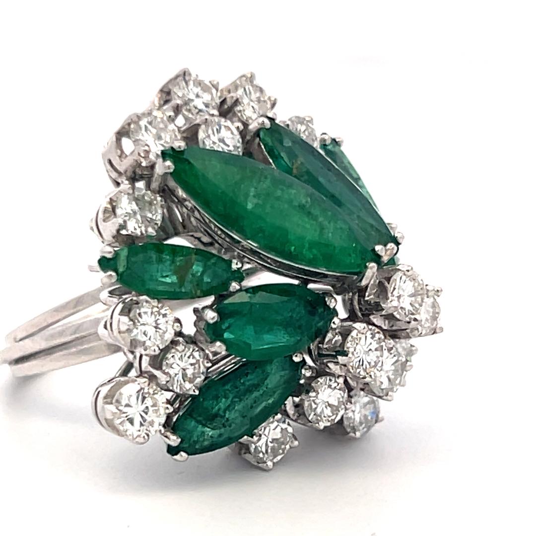 Platinum Cocktail Ring with 1.9ct Round H VS Diamonds and 7ct Emerald Size 4.5