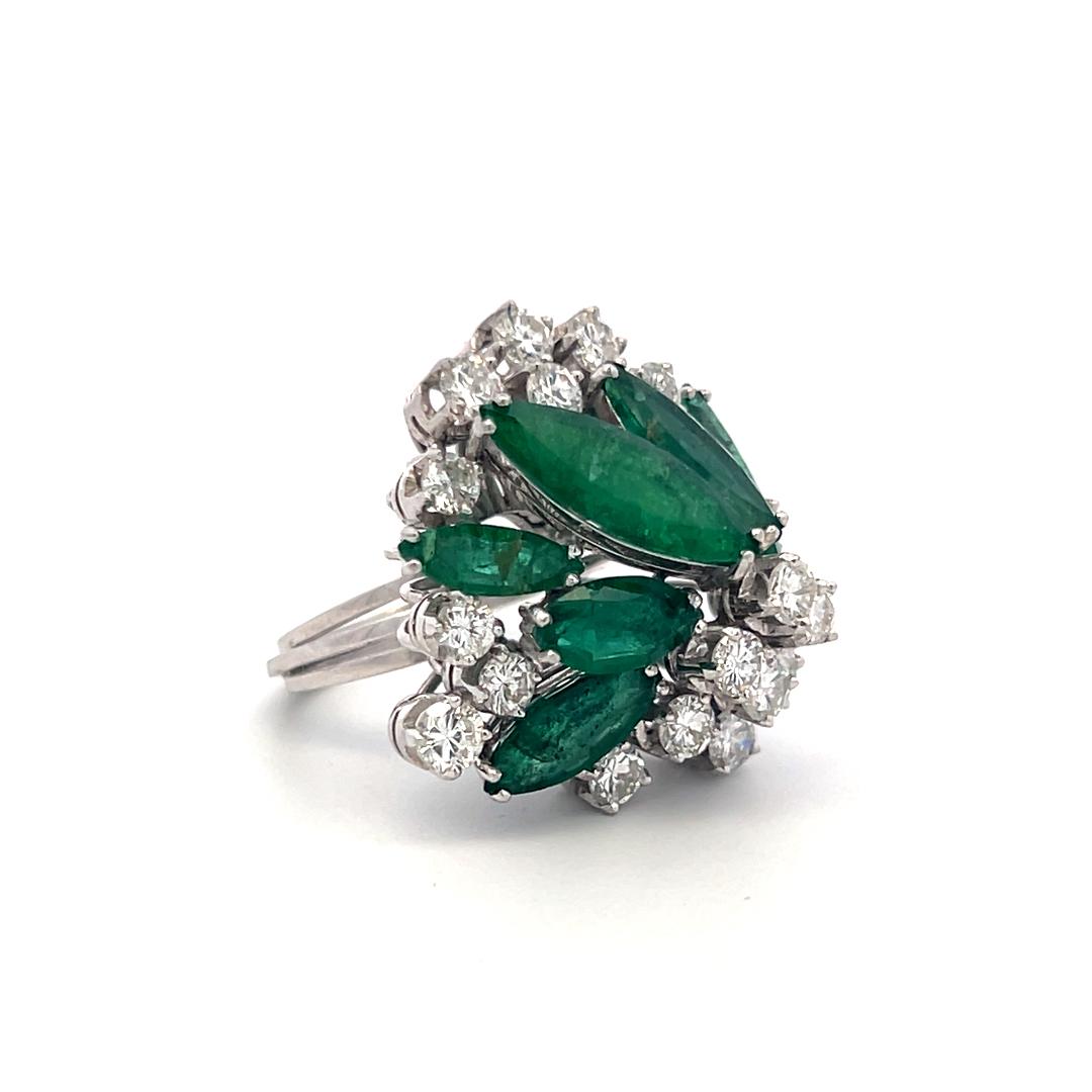 Platinum Cocktail Ring with 1.9ct Round H VS Diamonds and 7ct Emerald Size 4.5