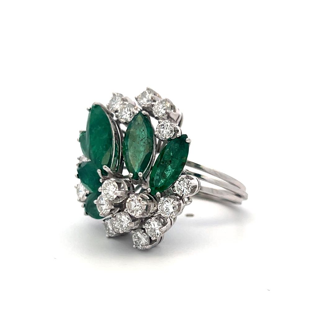 Platinum Cocktail Ring with 1.9ct Round H VS Diamonds and 7ct Emerald Size 4.5