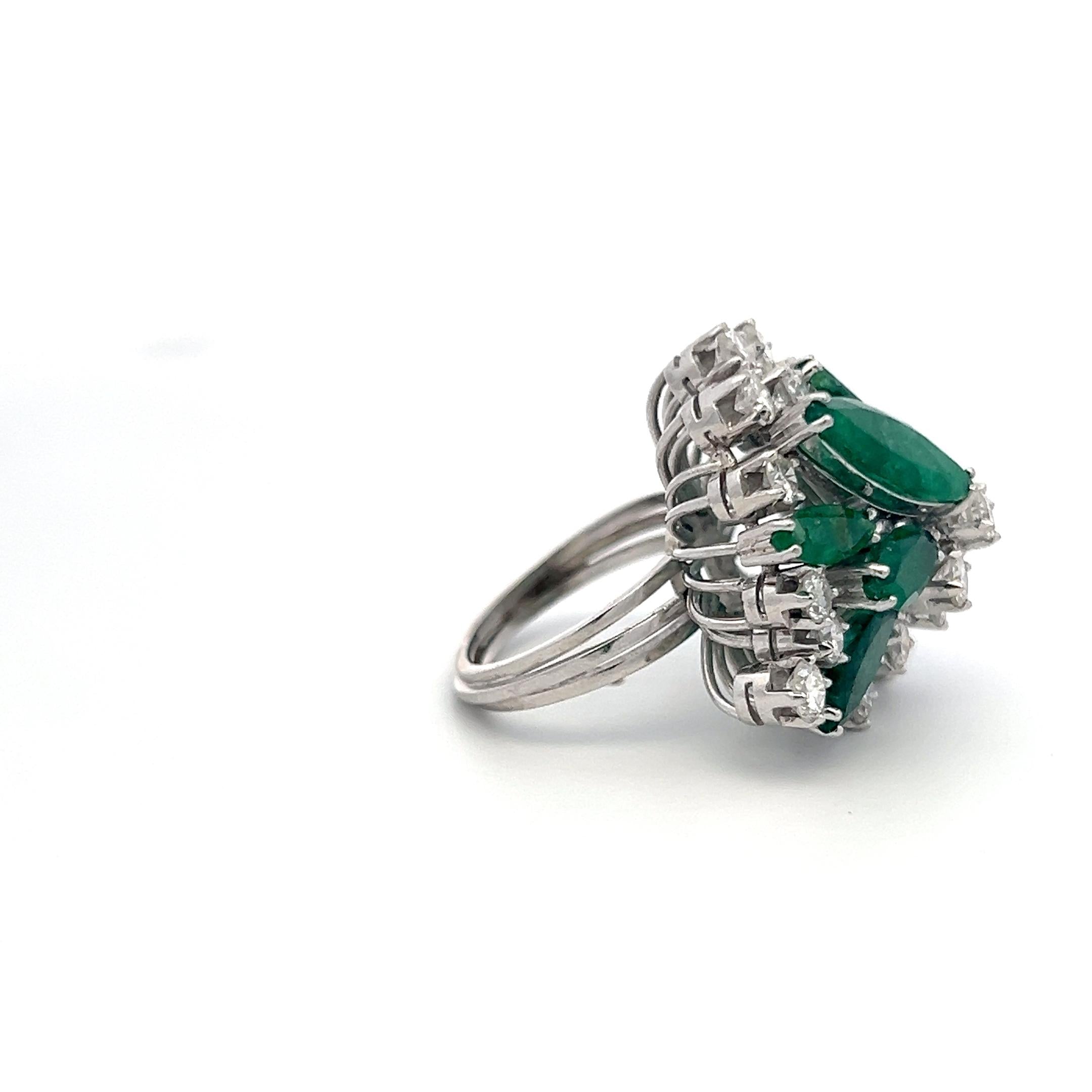 Platinum Cocktail Ring with 1.9ct Round H VS Diamonds and 7ct Emerald Size 4.5