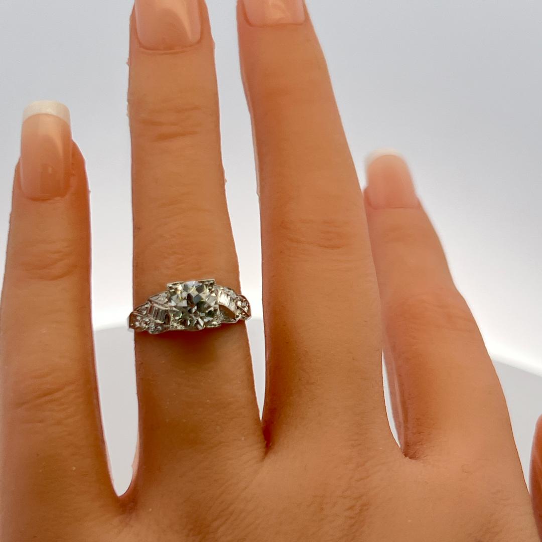 Platinum Art Deco Ring with 1.63 Carat Old European Cut GIA Diamonds Size 5.25