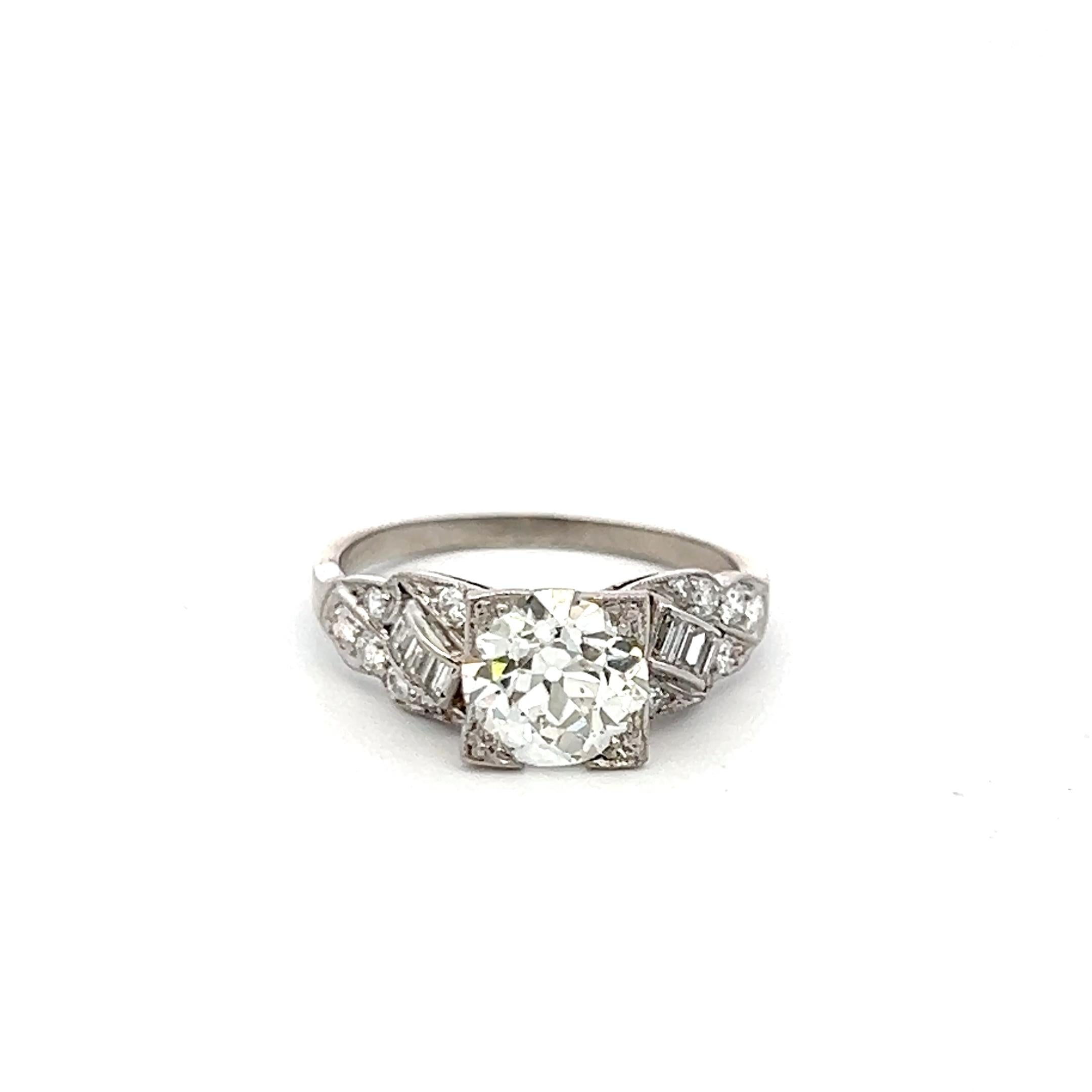 Platinum Art Deco Ring with 1.63 Carat Old European Cut GIA Diamonds Size 5.25