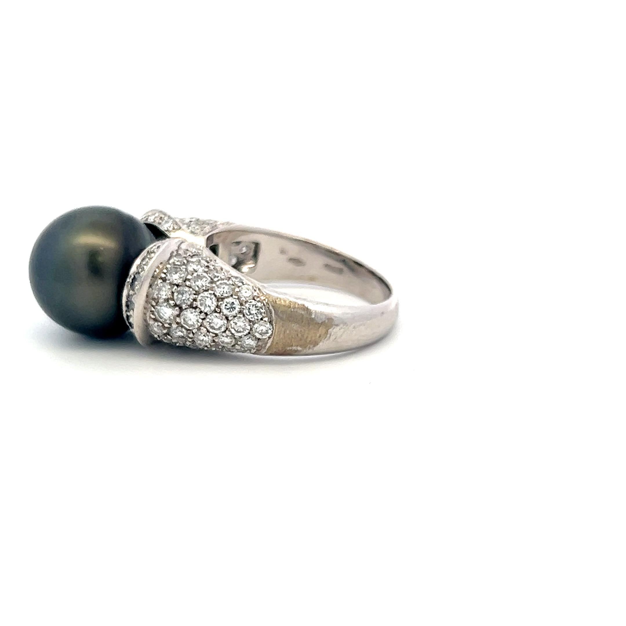 18K White Gold Cocktail Ring with 2.5ct Round Diamonds and 12.3 MM Pearl Size 8