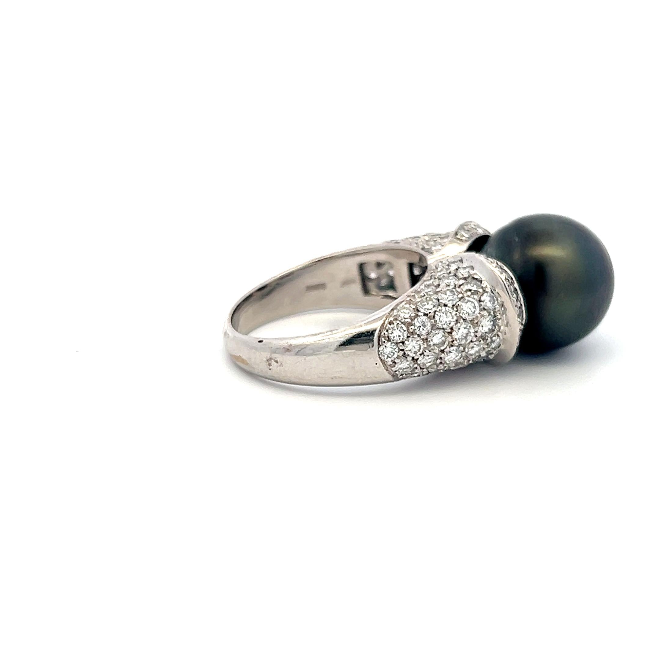 18K White Gold Cocktail Ring with 2.5ct Round Diamonds and 12.3 MM Pearl Size 8