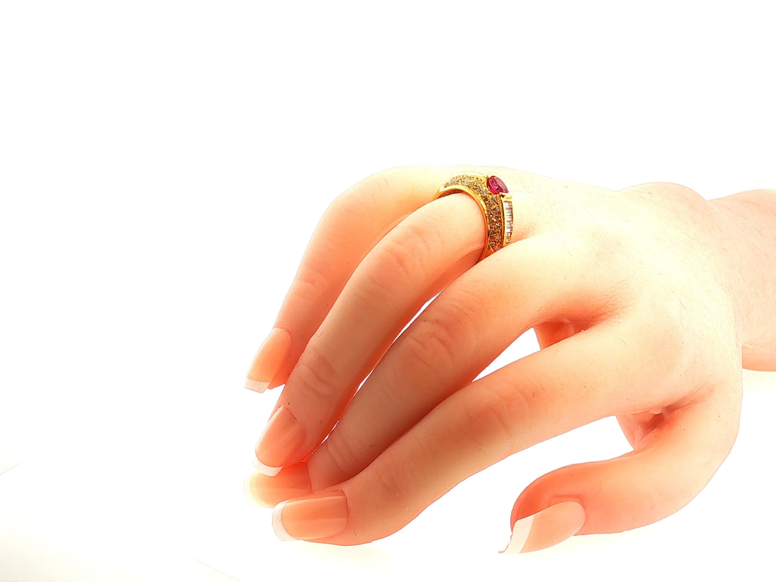 18K Yellow Gold Cocktail Ring 1.5ct Round & Baguette Diamonds 0.66ct Ruby Size 7