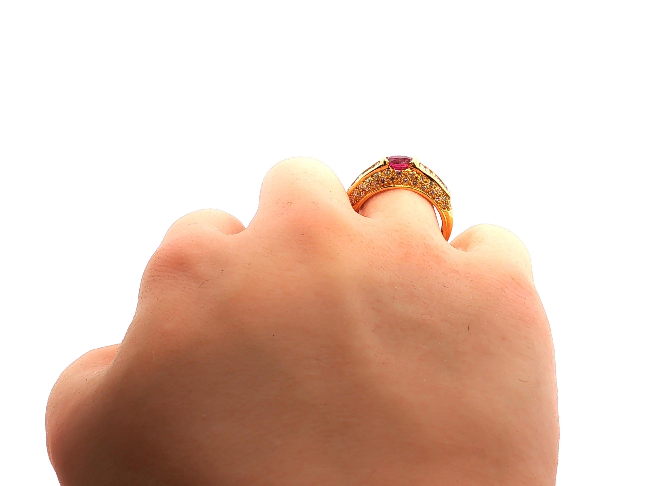 18K Yellow Gold Cocktail Ring 1.5ct Round & Baguette Diamonds 0.66ct Ruby Size 7
