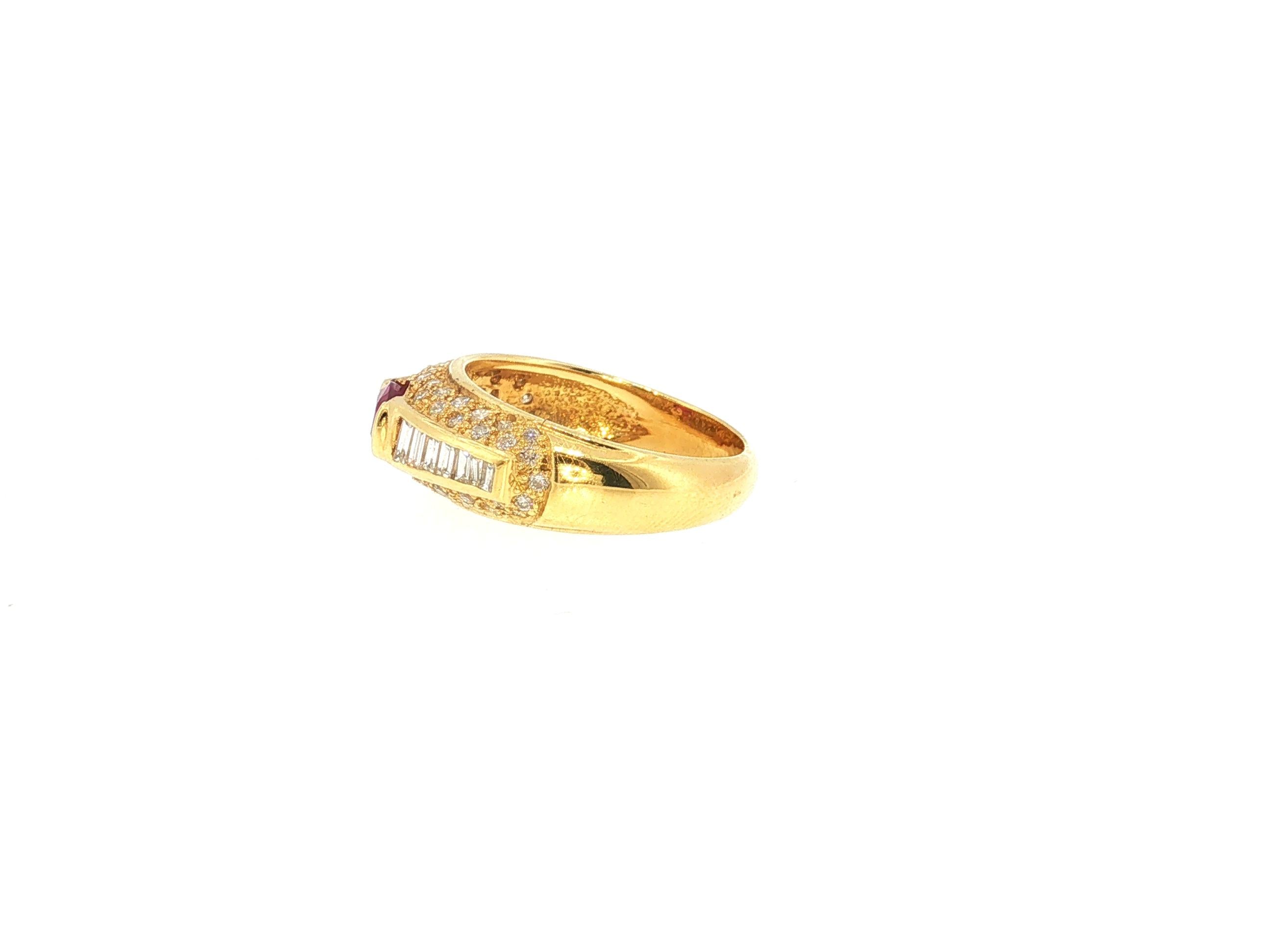 18K Yellow Gold Cocktail Ring 1.5ct Round & Baguette Diamonds 0.66ct Ruby Size 7