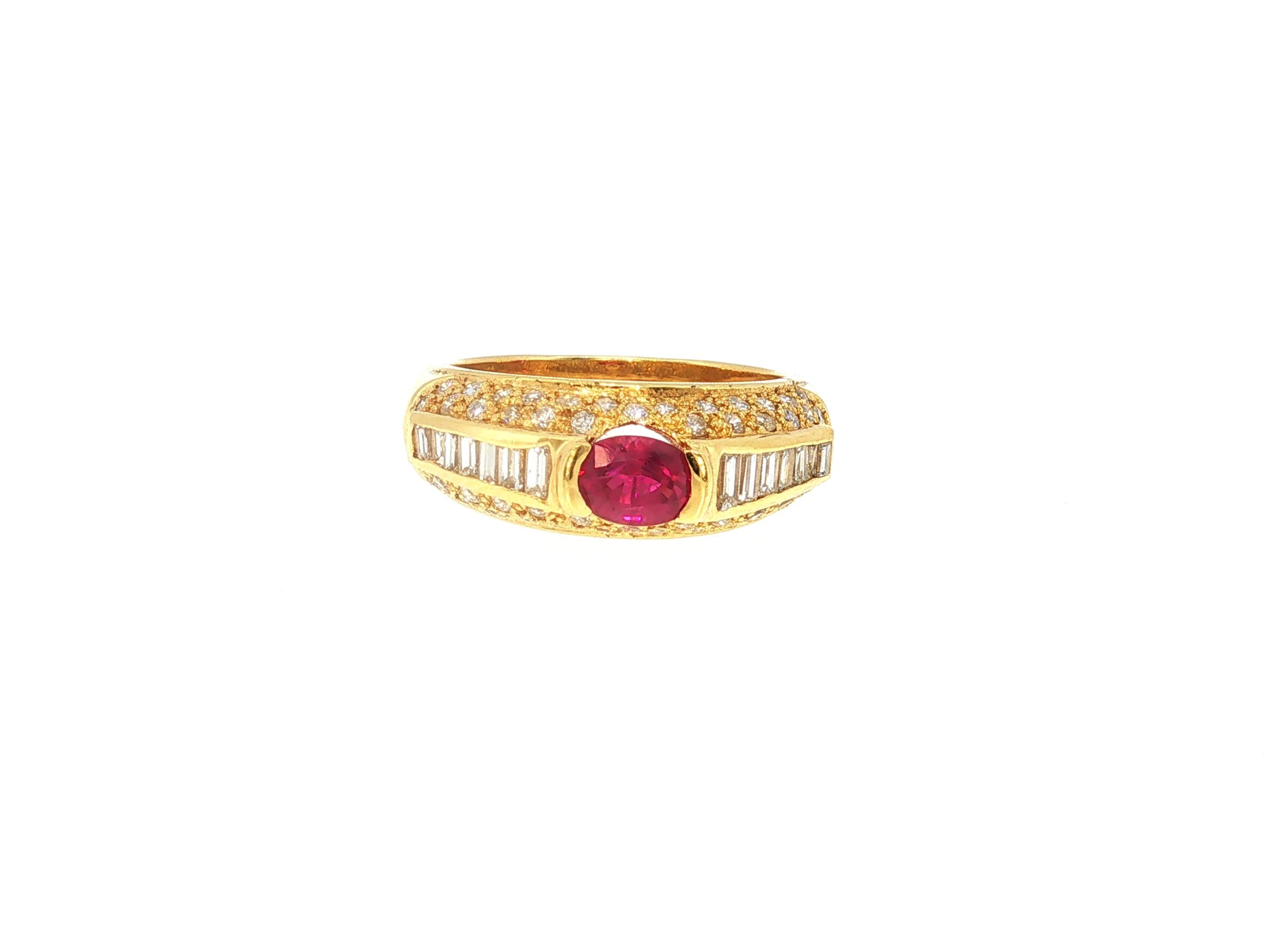 18K Yellow Gold Cocktail Ring 1.5ct Round & Baguette Diamonds 0.66ct Ruby Size 7