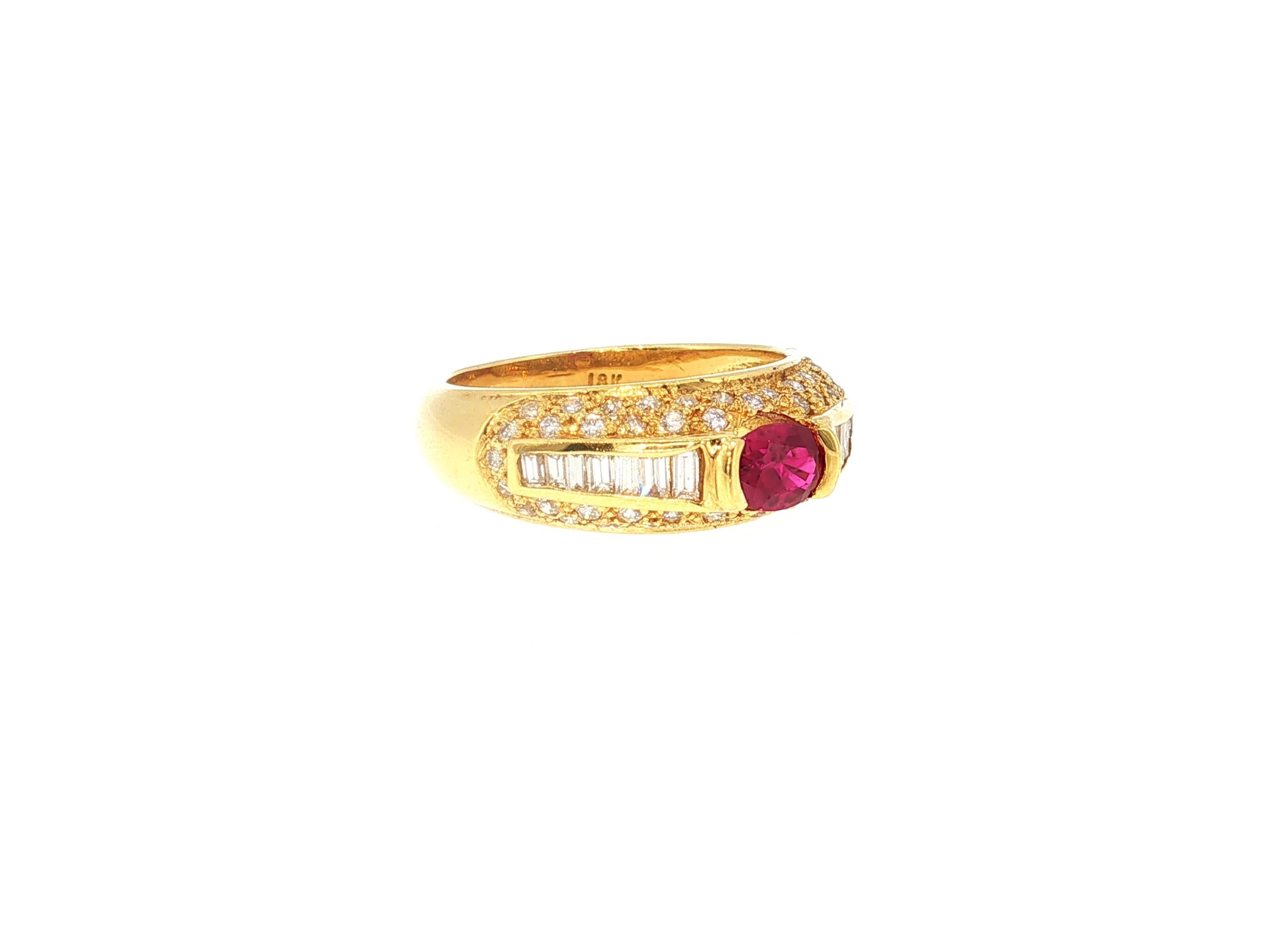 18K Yellow Gold Cocktail Ring 1.5ct Round & Baguette Diamonds 0.66ct Ruby Size 7