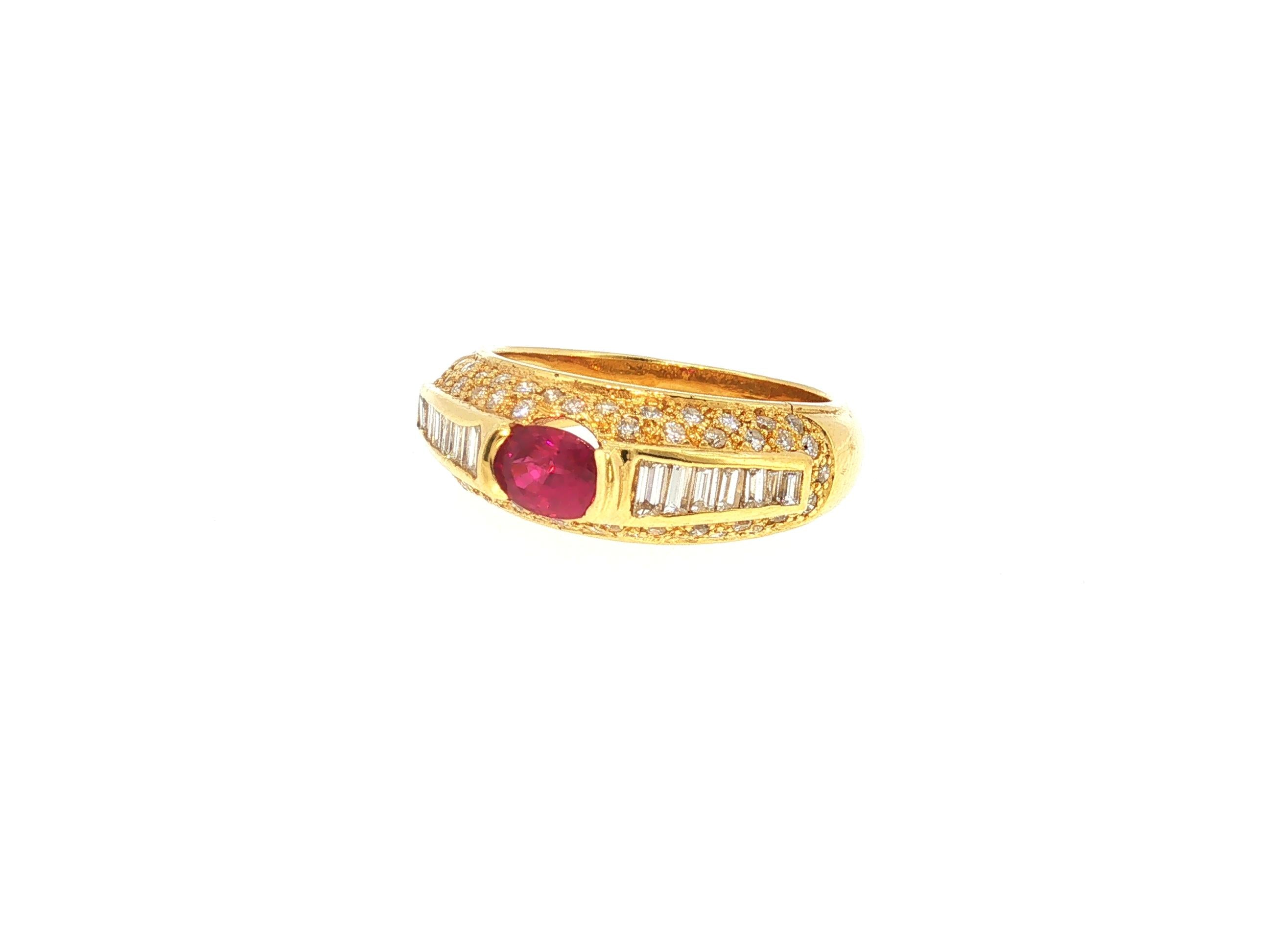 18K Yellow Gold Cocktail Ring 1.5ct Round & Baguette Diamonds 0.66ct Ruby Size 7