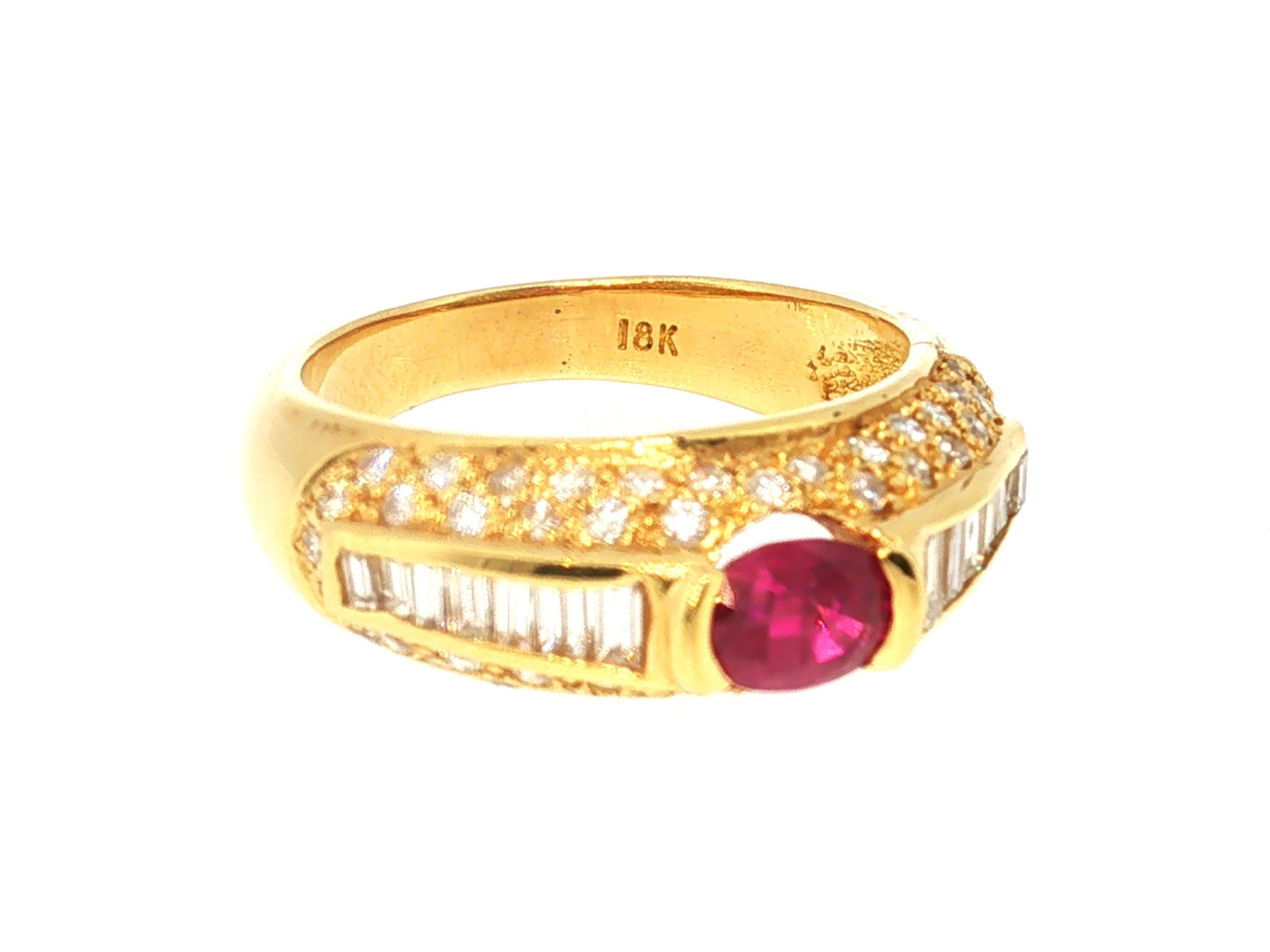 18K Yellow Gold Cocktail Ring 1.5ct Round & Baguette Diamonds 0.66ct Ruby Size 7