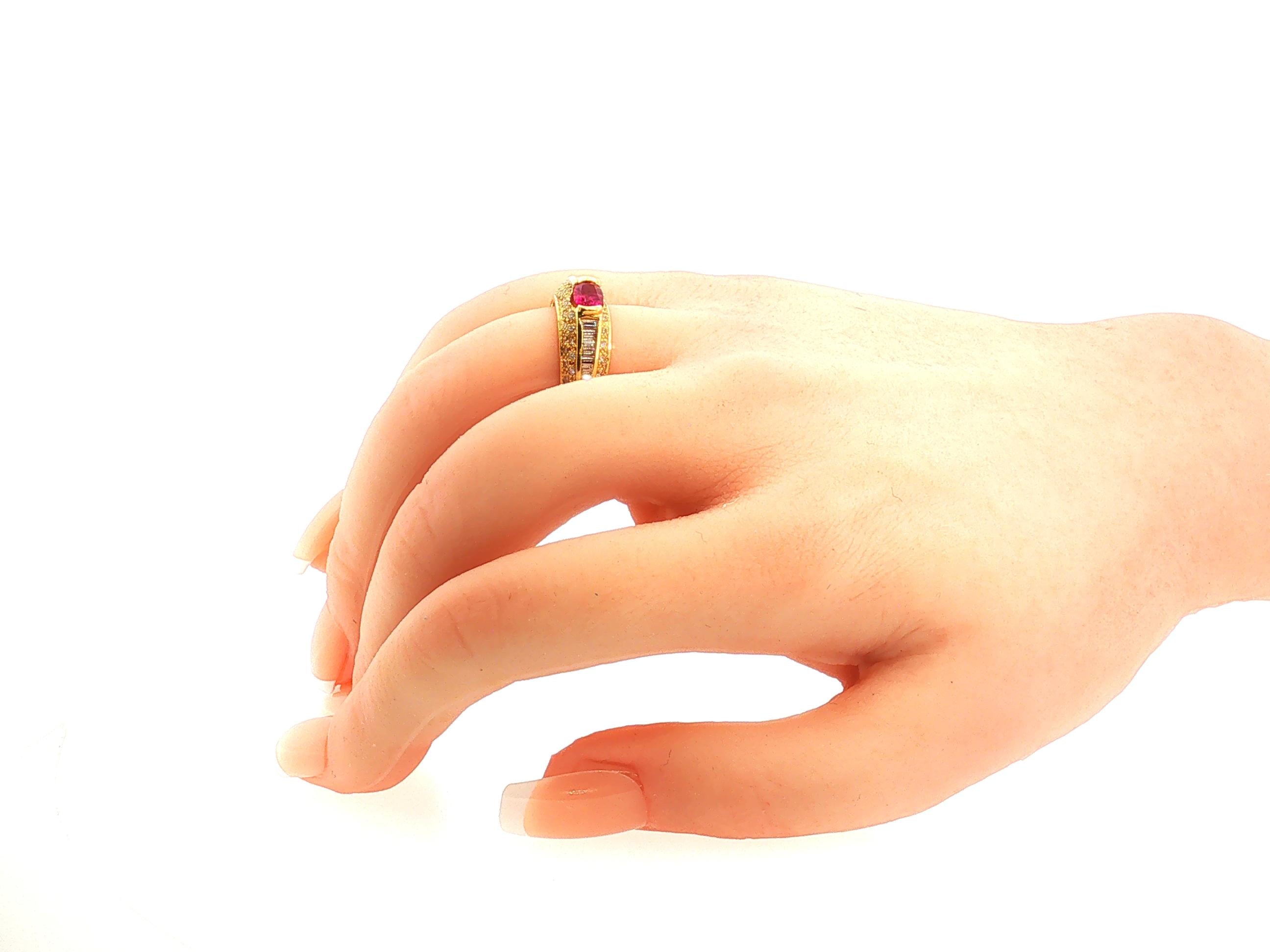 18K Yellow Gold Cocktail Ring 1.5ct Round & Baguette Diamonds 0.66ct Ruby Size 7