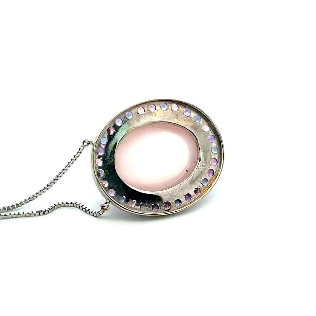 18K White Gold Pendant Necklace with 1.12ct Sapphire and 19.8x14.6mm Rose Quartz