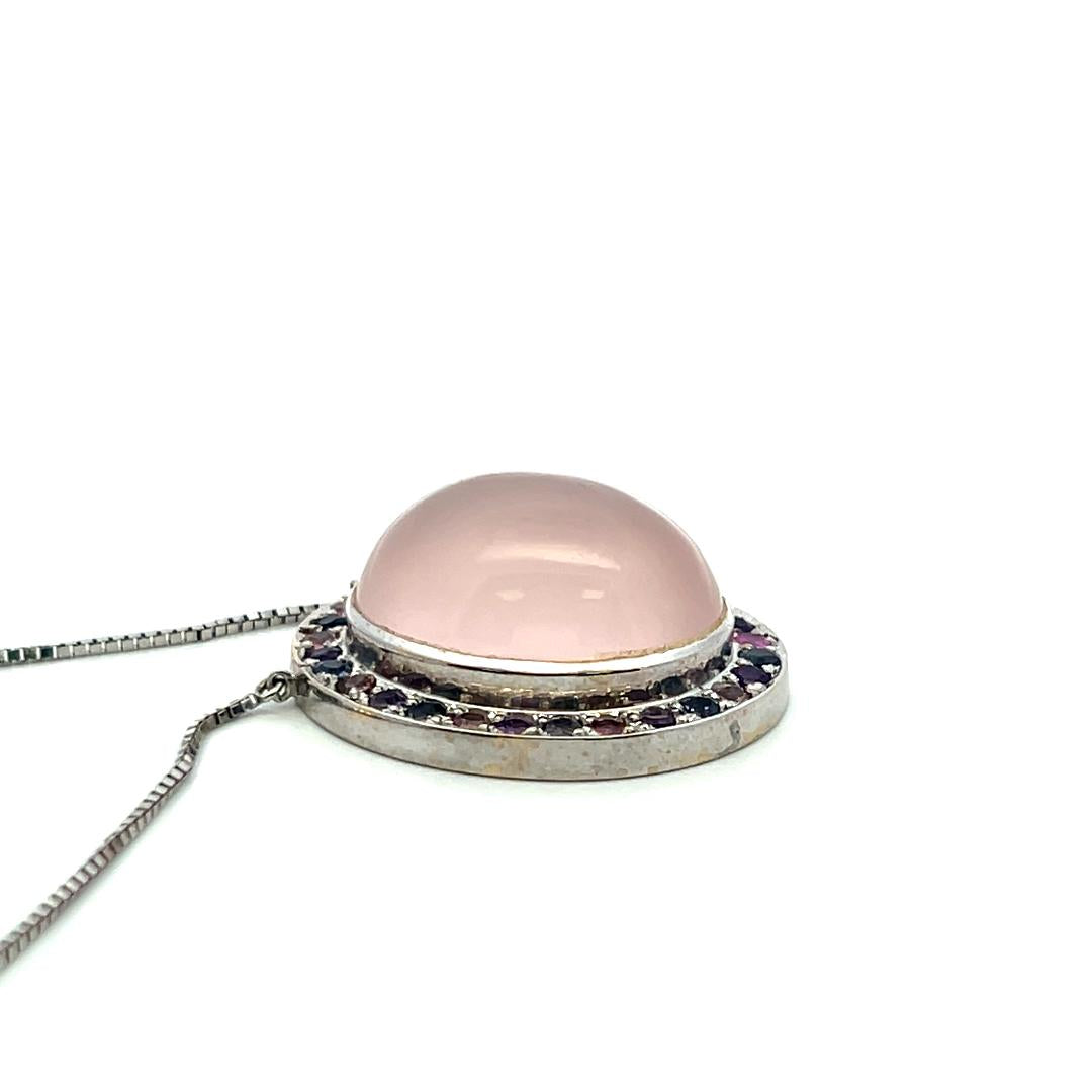 18K White Gold Pendant Necklace with 1.12ct Sapphire and 19.8x14.6mm Rose Quartz