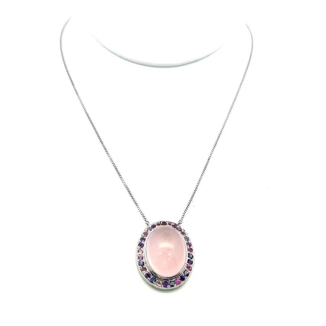 18K White Gold Pendant Necklace with 1.12ct Sapphire and 19.8x14.6mm Rose Quartz