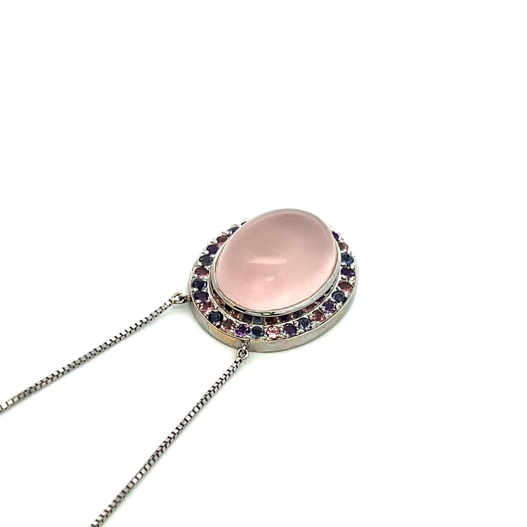 18K White Gold Pendant Necklace with 1.12ct Sapphire and 19.8x14.6mm Rose Quartz
