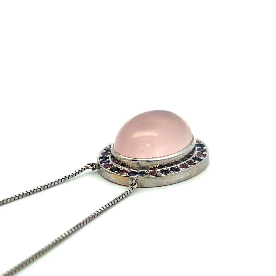 18K White Gold Pendant Necklace with 1.12ct Sapphire and 19.8x14.6mm Rose Quartz