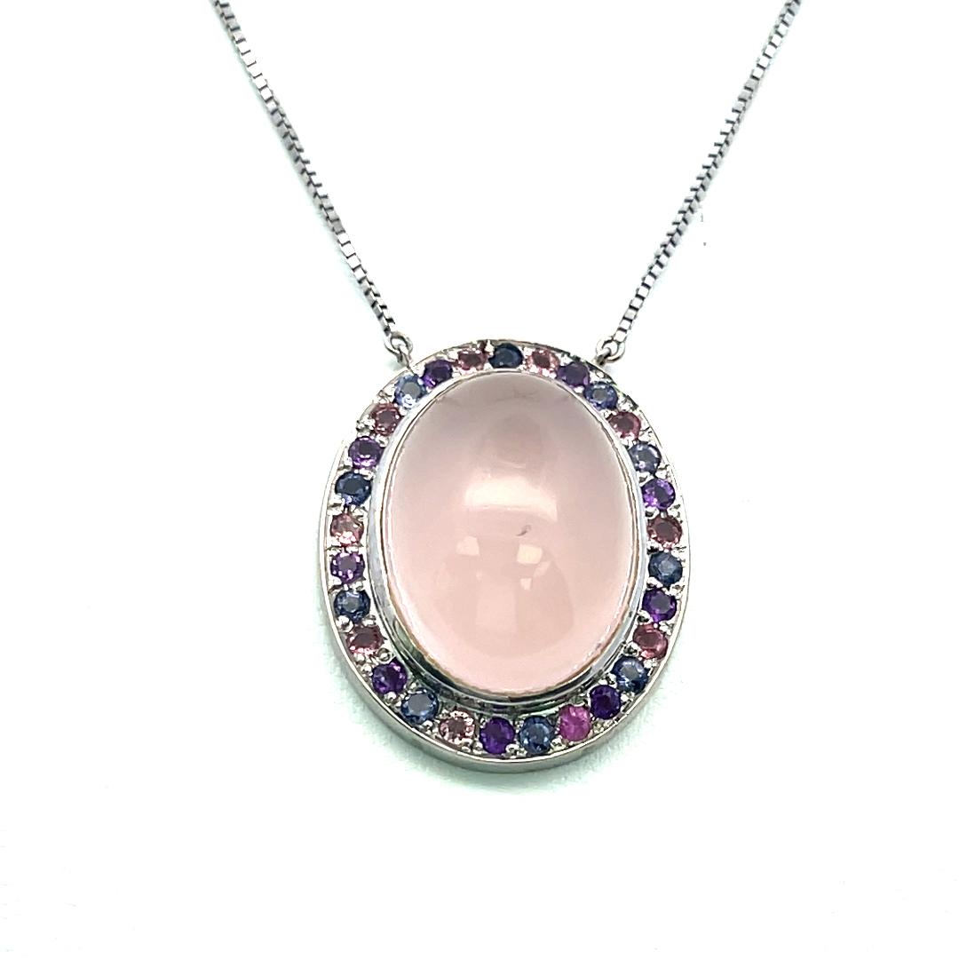 18K White Gold Pendant Necklace with 1.12ct Sapphire and 19.8x14.6mm Rose Quartz