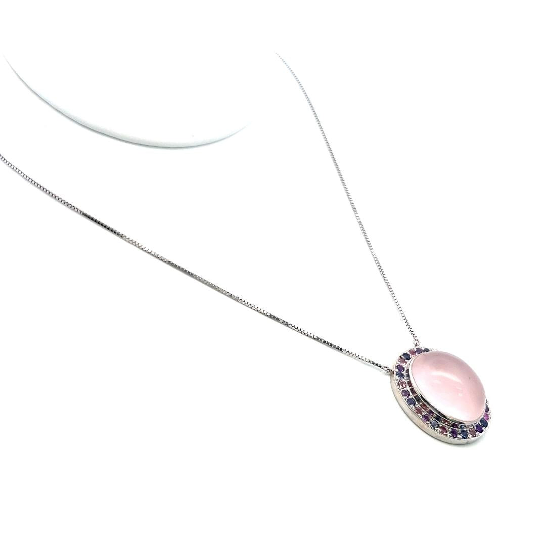 18K White Gold Pendant Necklace with 1.12ct Sapphire and 19.8x14.6mm Rose Quartz