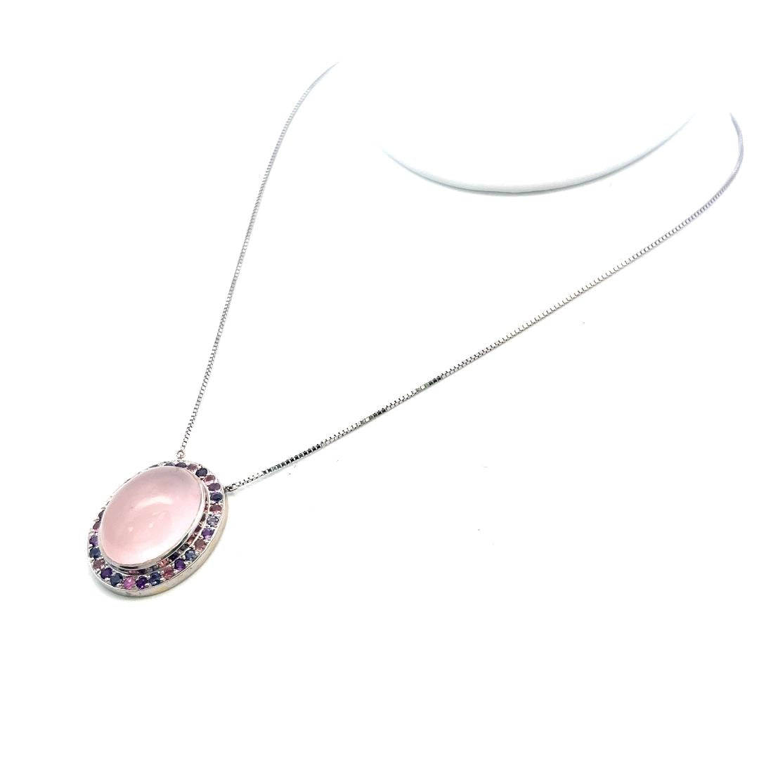 18K White Gold Pendant Necklace with 1.12ct Sapphire and 19.8x14.6mm Rose Quartz