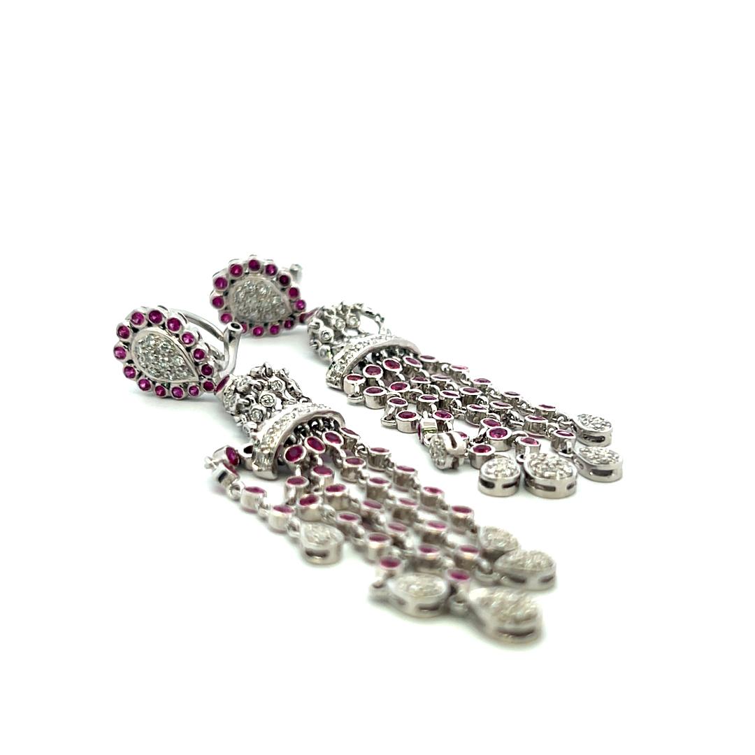 18K White Gold Dangling Earrings with 0.5 Carat Round Diamonds & 0.9 Carat Ruby