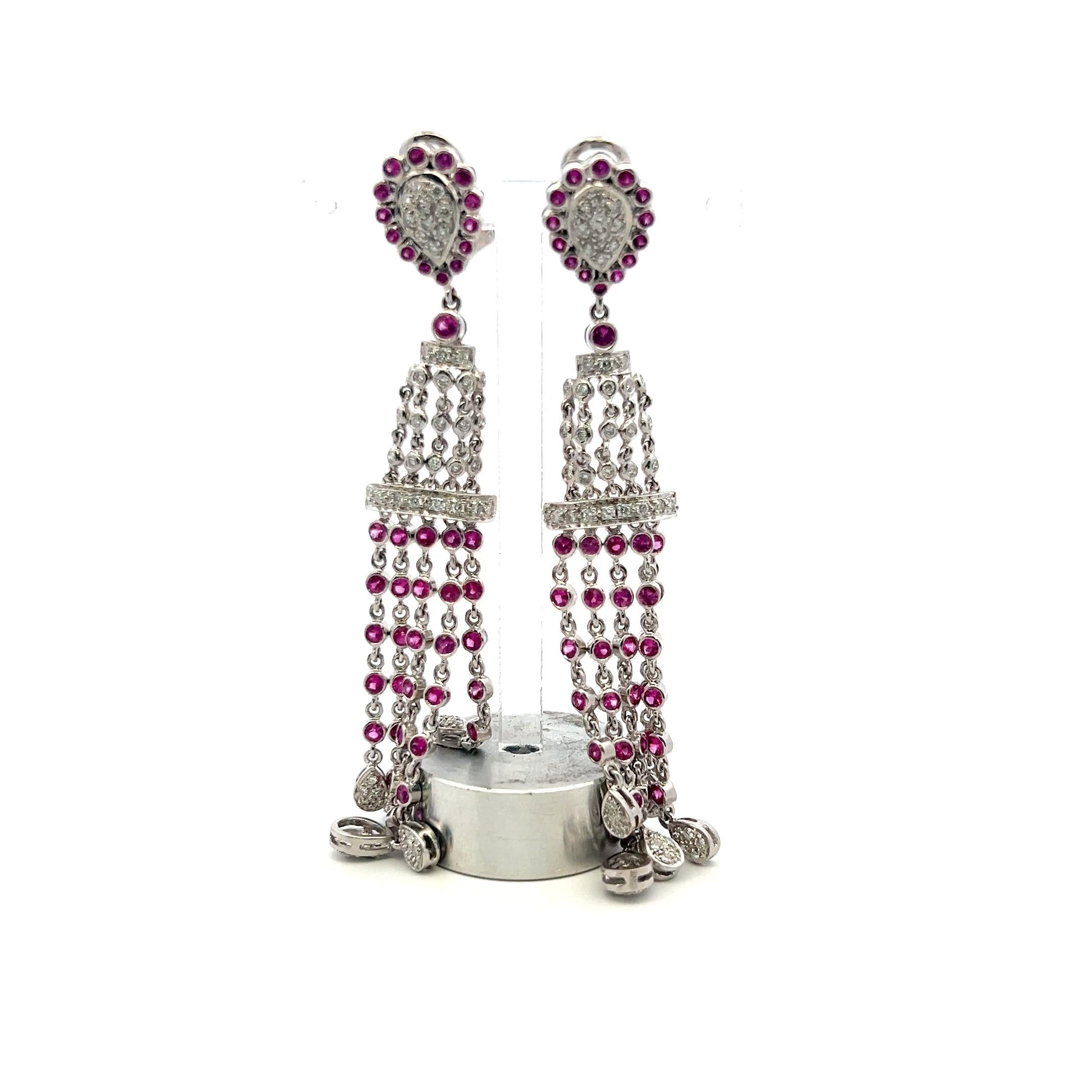 18K White Gold Dangling Earrings with 0.5 Carat Round Diamonds & 0.9 Carat Ruby