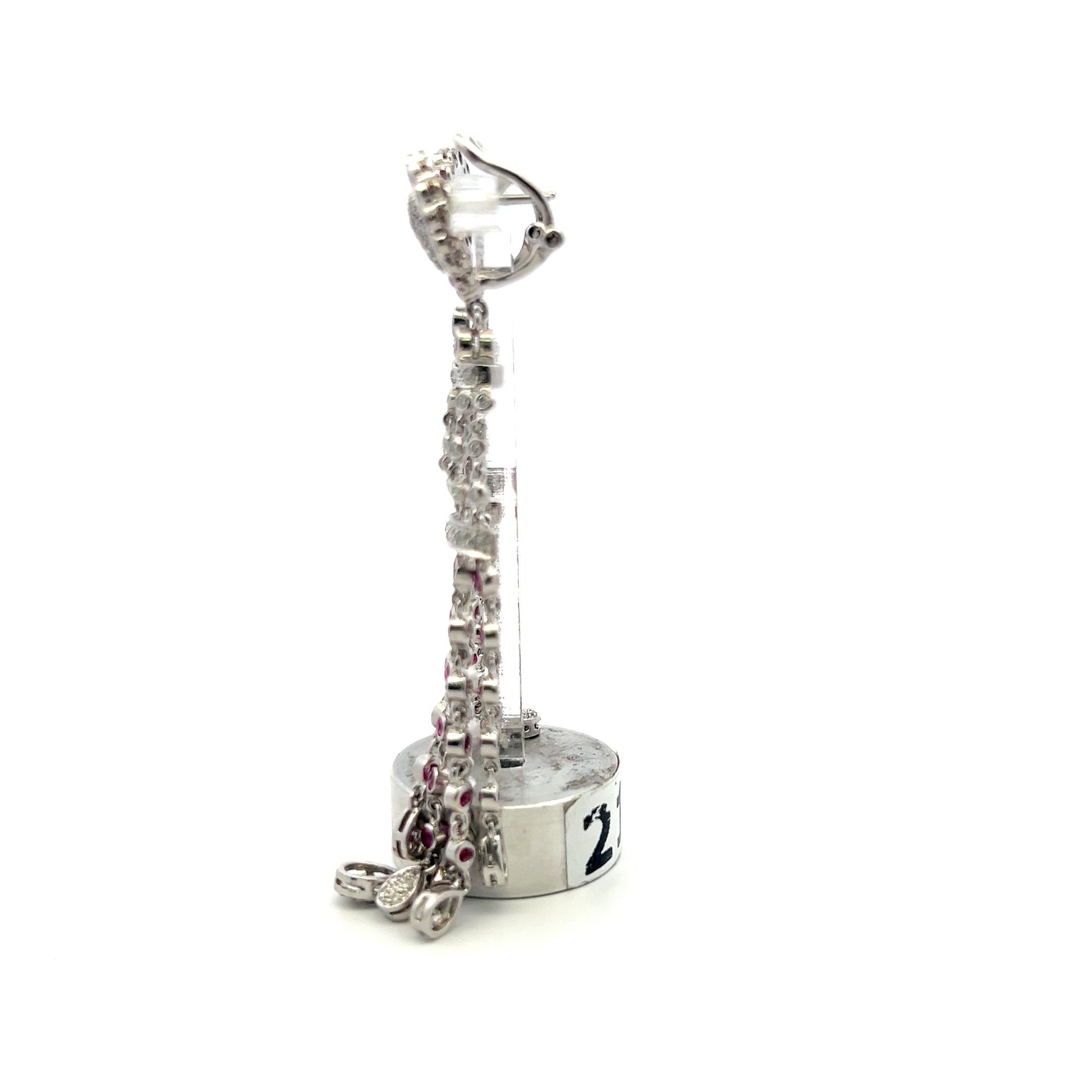 18K White Gold Dangling Earrings with 0.5 Carat Round Diamonds & 0.9 Carat Ruby