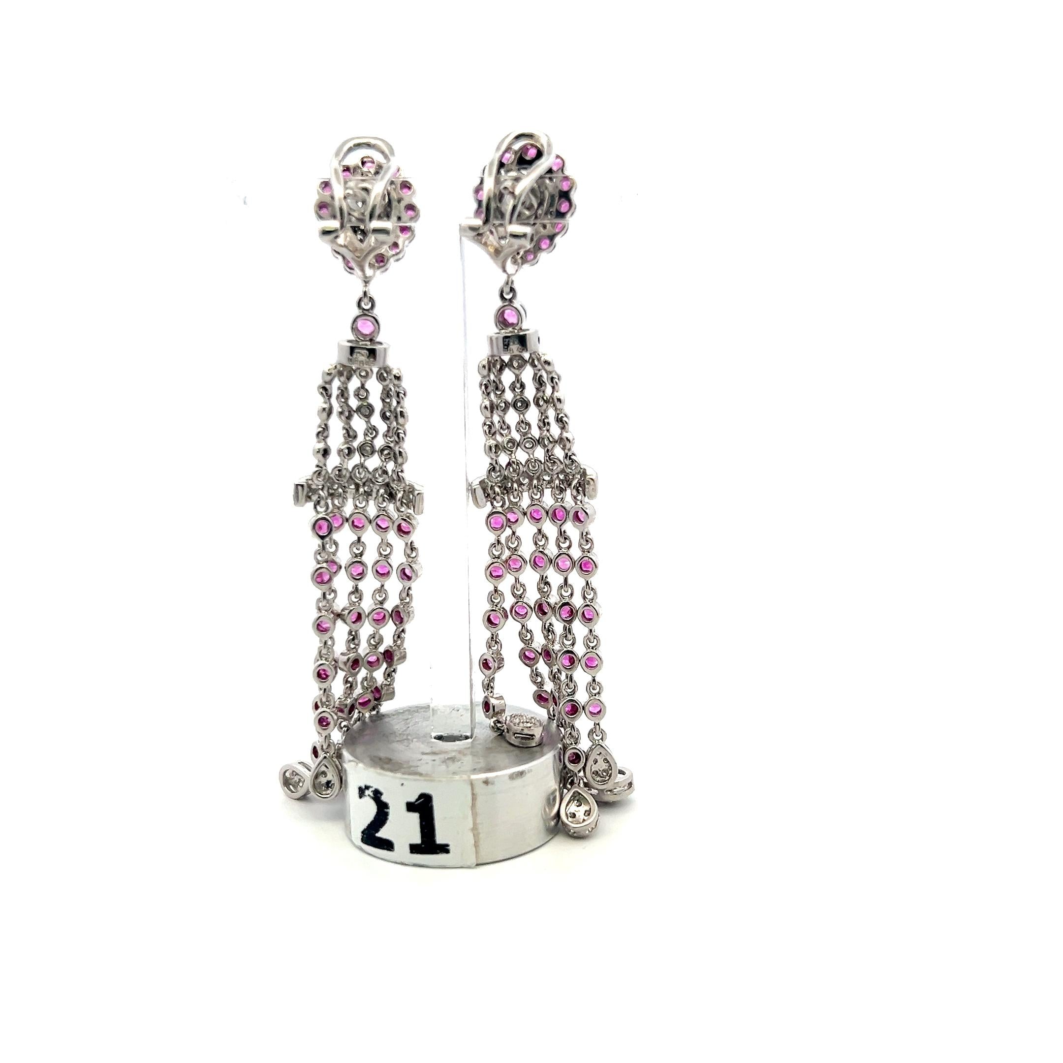 18K White Gold Dangling Earrings with 0.5 Carat Round Diamonds & 0.9 Carat Ruby