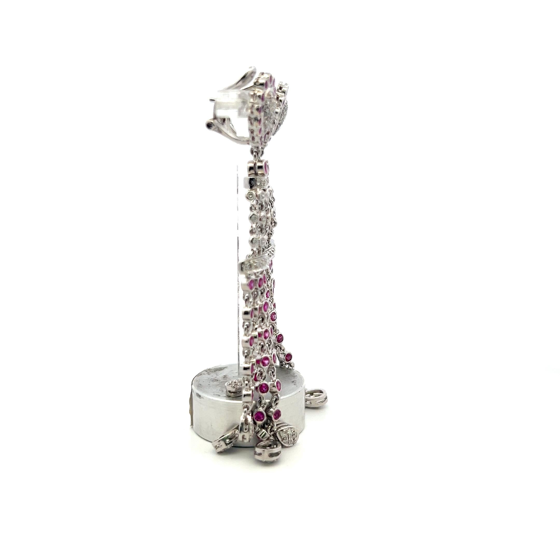 18K White Gold Dangling Earrings with 0.5 Carat Round Diamonds & 0.9 Carat Ruby