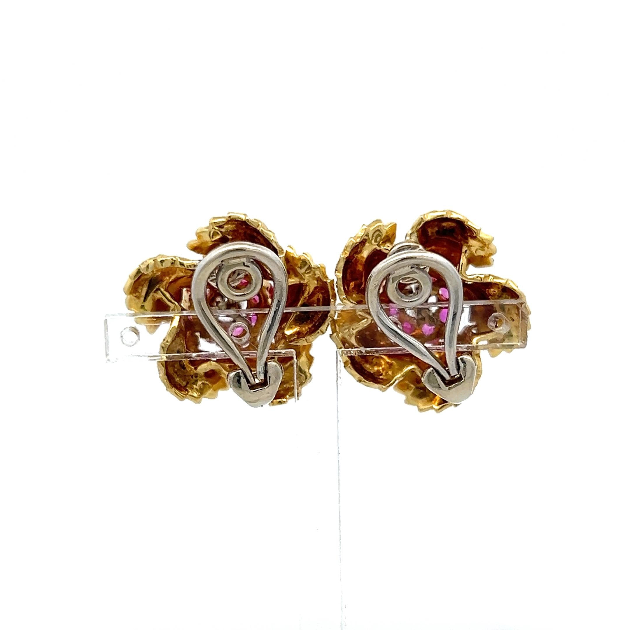 Vintage 18K Yellow Gold Clip On Earrings 0.18ct Round H-VS Diamonds 0.8ct Rubies