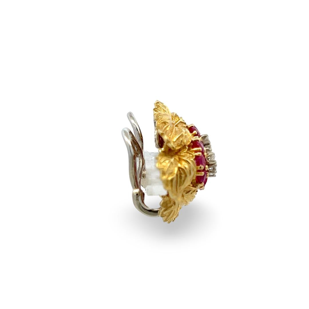 Vintage 18K Yellow Gold Clip On Earrings 0.18ct Round H-VS Diamonds 0.8ct Rubies
