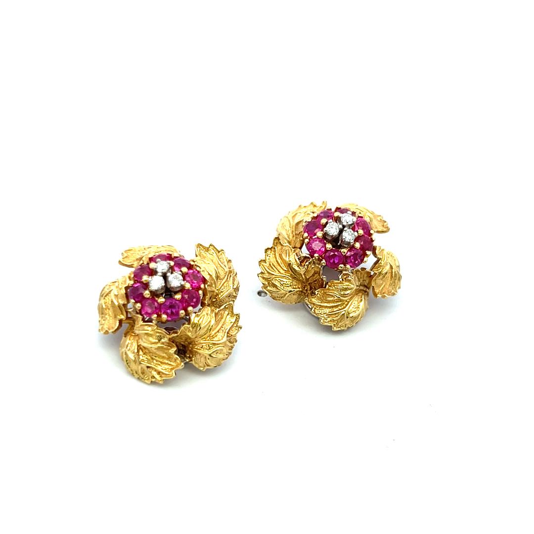 Vintage 18K Yellow Gold Clip On Earrings 0.18ct Round H-VS Diamonds 0.8ct Rubies