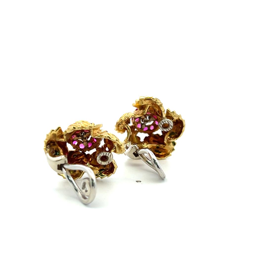 Vintage 18K Yellow Gold Clip On Earrings 0.18ct Round H-VS Diamonds 0.8ct Rubies