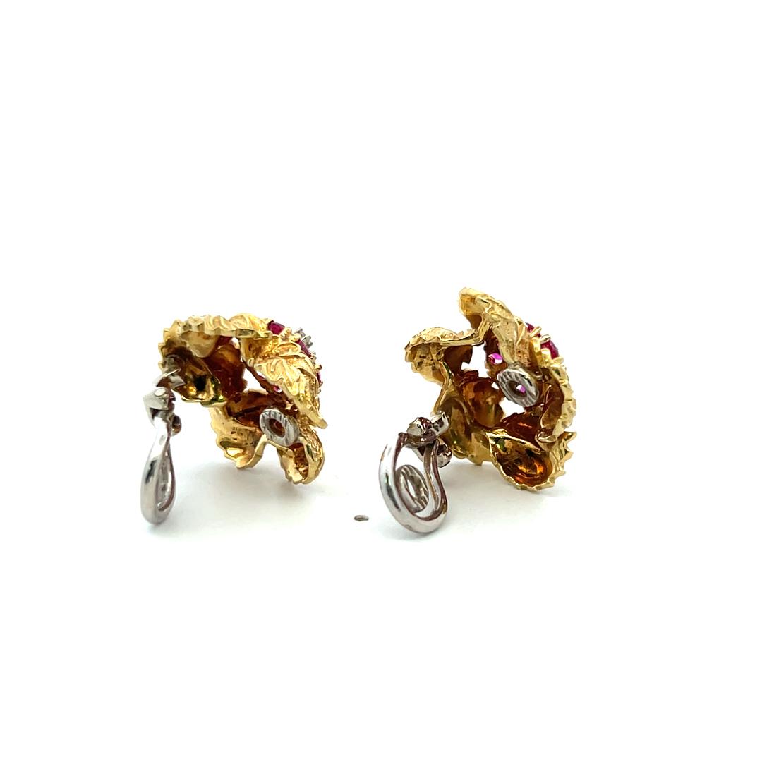 Vintage 18K Yellow Gold Clip On Earrings 0.18ct Round H-VS Diamonds 0.8ct Rubies