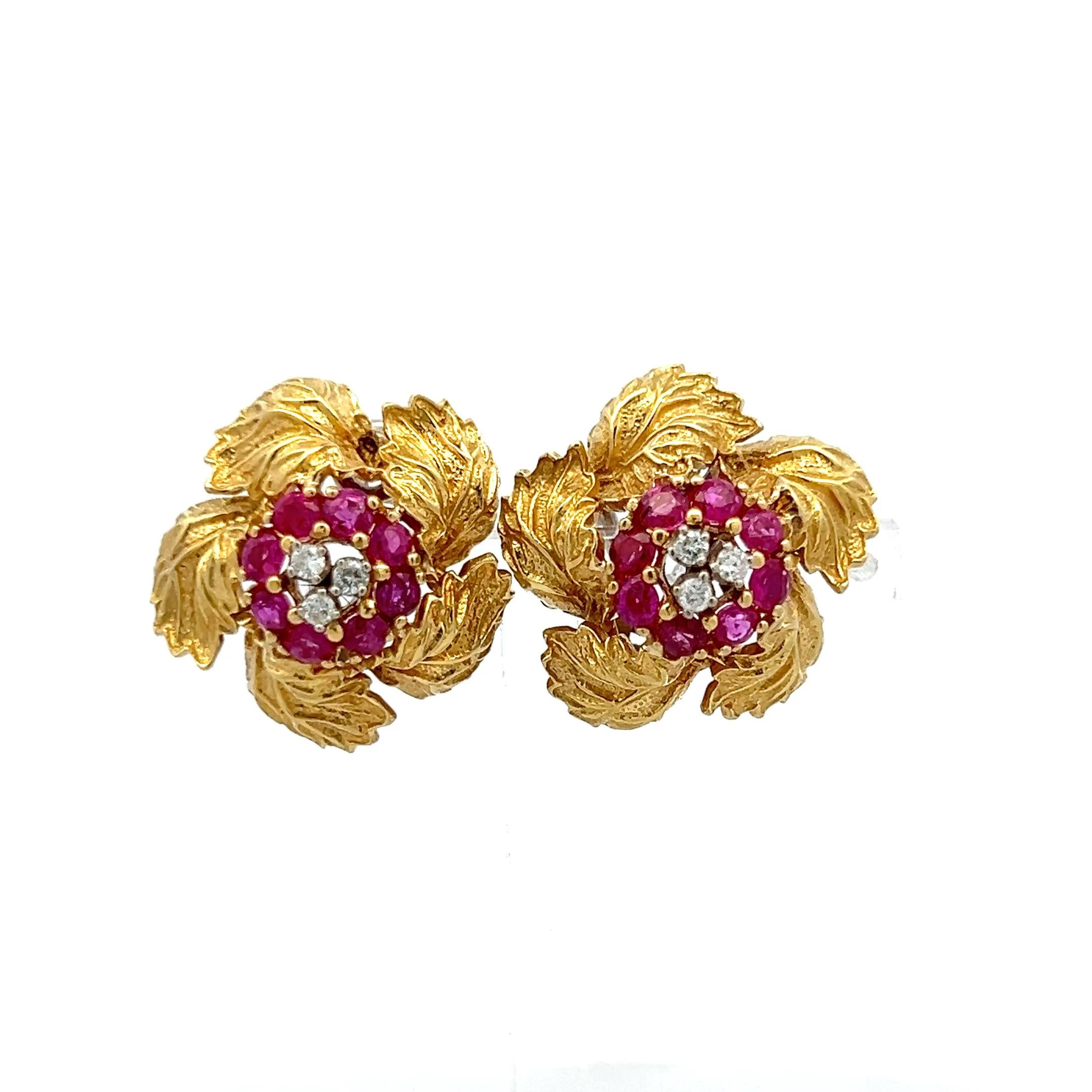 Vintage 18K Yellow Gold Clip On Earrings 0.18ct Round H-VS Diamonds 0.8ct Rubies