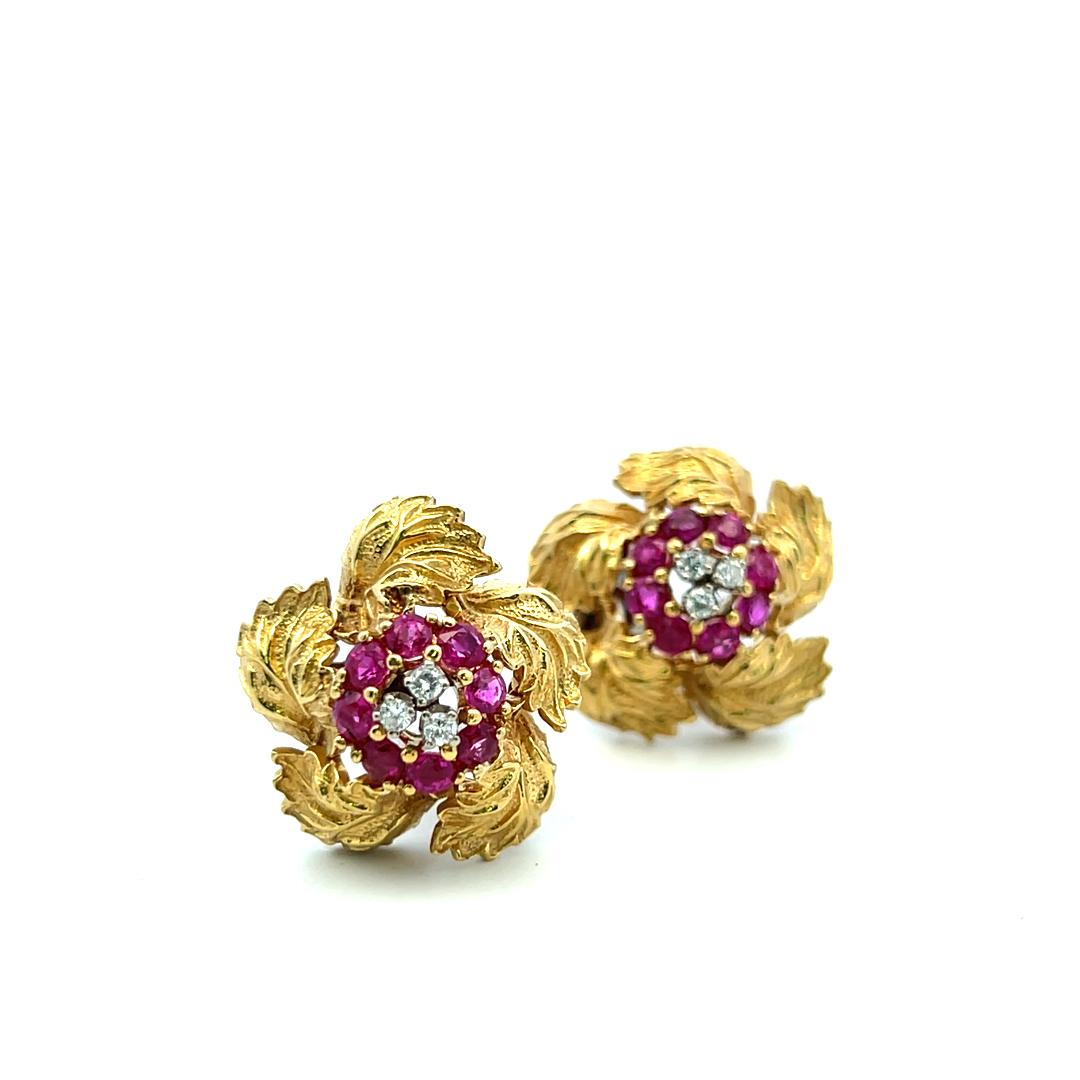 Vintage 18K Yellow Gold Clip On Earrings 0.18ct Round H-VS Diamonds 0.8ct Rubies