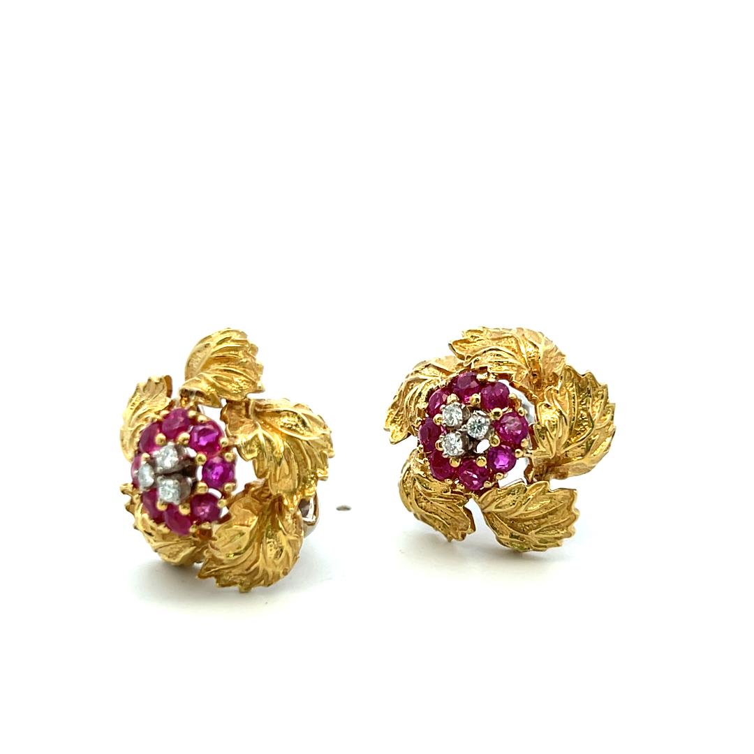 Vintage 18K Yellow Gold Clip On Earrings 0.18ct Round H-VS Diamonds 0.8ct Rubies