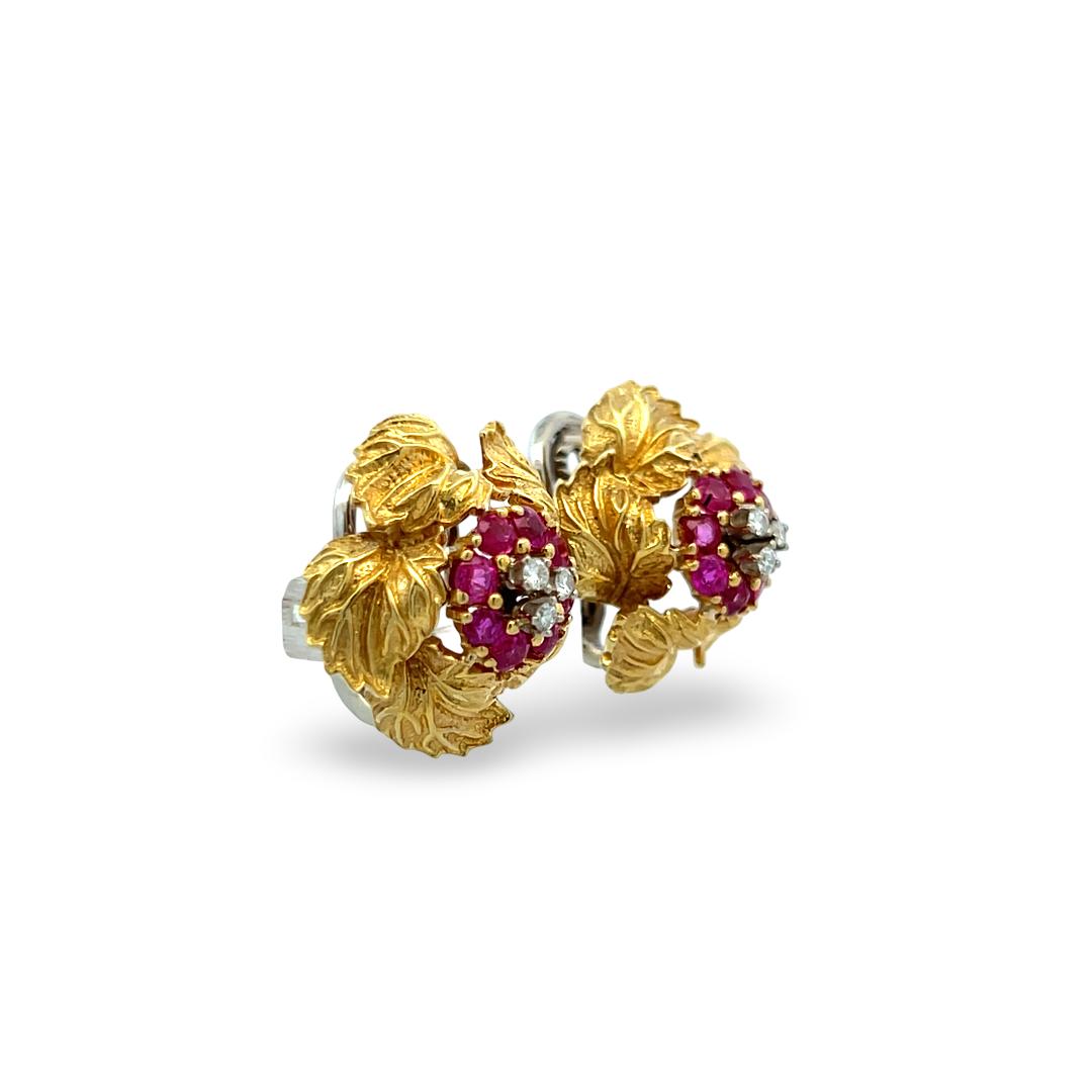 Vintage 18K Yellow Gold Clip On Earrings 0.18ct Round H-VS Diamonds 0.8ct Rubies