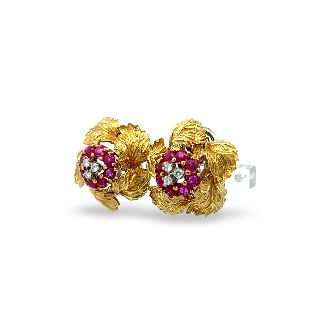 Vintage 18K Yellow Gold Clip On Earrings 0.18ct Round H-VS Diamonds 0.8ct Rubies