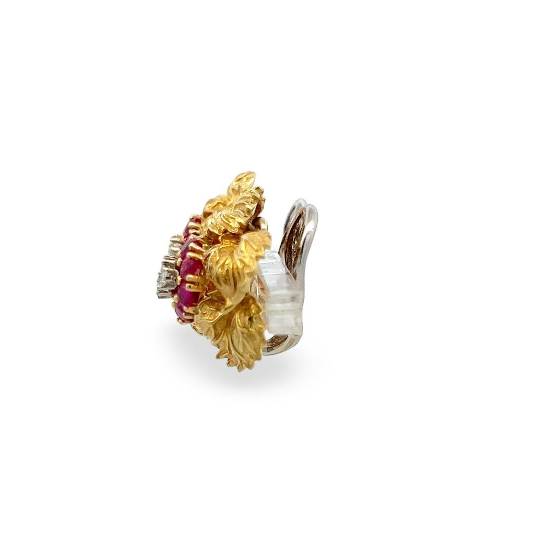 Vintage 18K Yellow Gold Clip On Earrings 0.18ct Round H-VS Diamonds 0.8ct Rubies