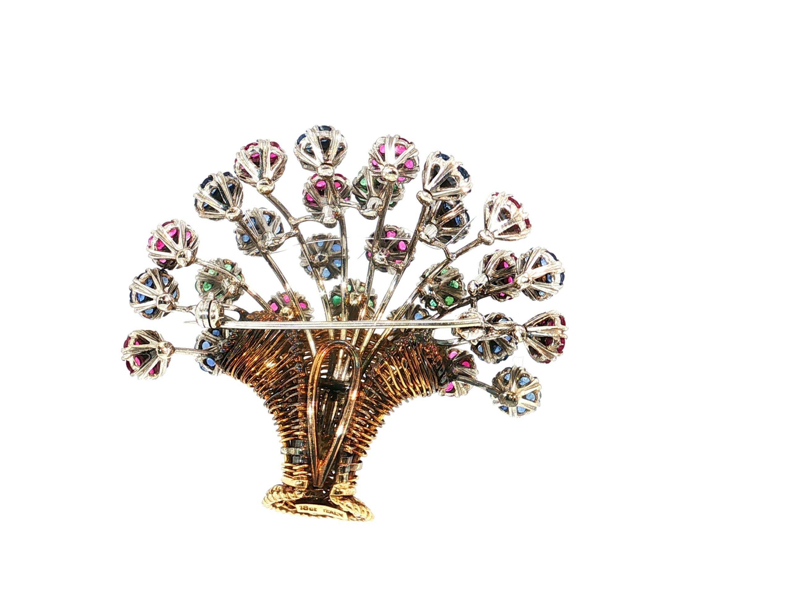 18K Two Tone Gold Pin Brooch 0.55 Carat Round H VS Diamonds & Multi Gemstones